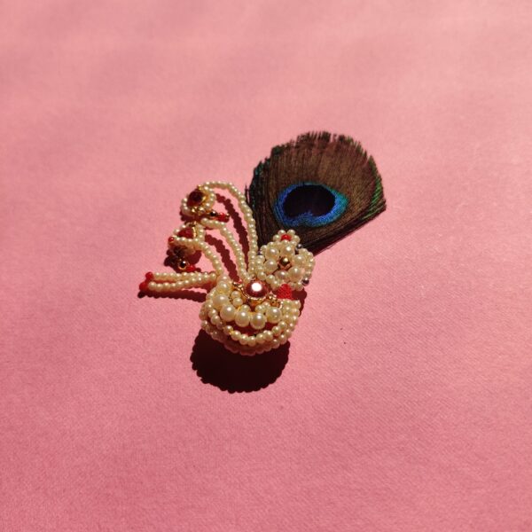 Elegant Pagh for Laddu Gopal with Peacock Feather White & Red Beads - Image 3