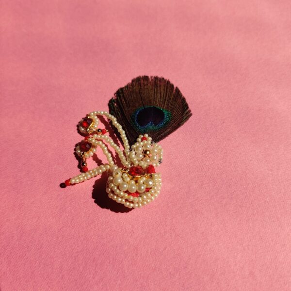 Elegant Pagh for Laddu Gopal with Peacock Feather White & Red Beads - Image 4