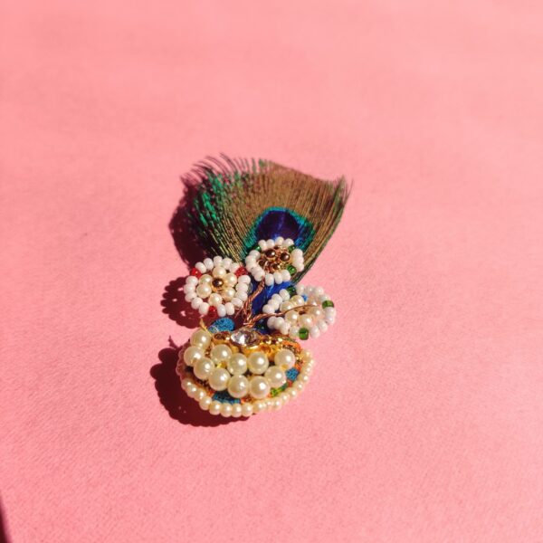 Elegant Pagh for Laddu Gopal with Peacock Feather White & Golden Beads - Image 3