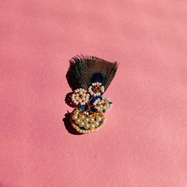 Elegant Pagh for Laddu Gopal with Peacock Feather White & Golden Beads